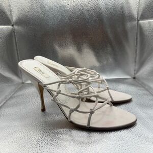 Size 40 Prada Cage Sandals Womens White Good Knotted Strappy Stiletto‎ Mules